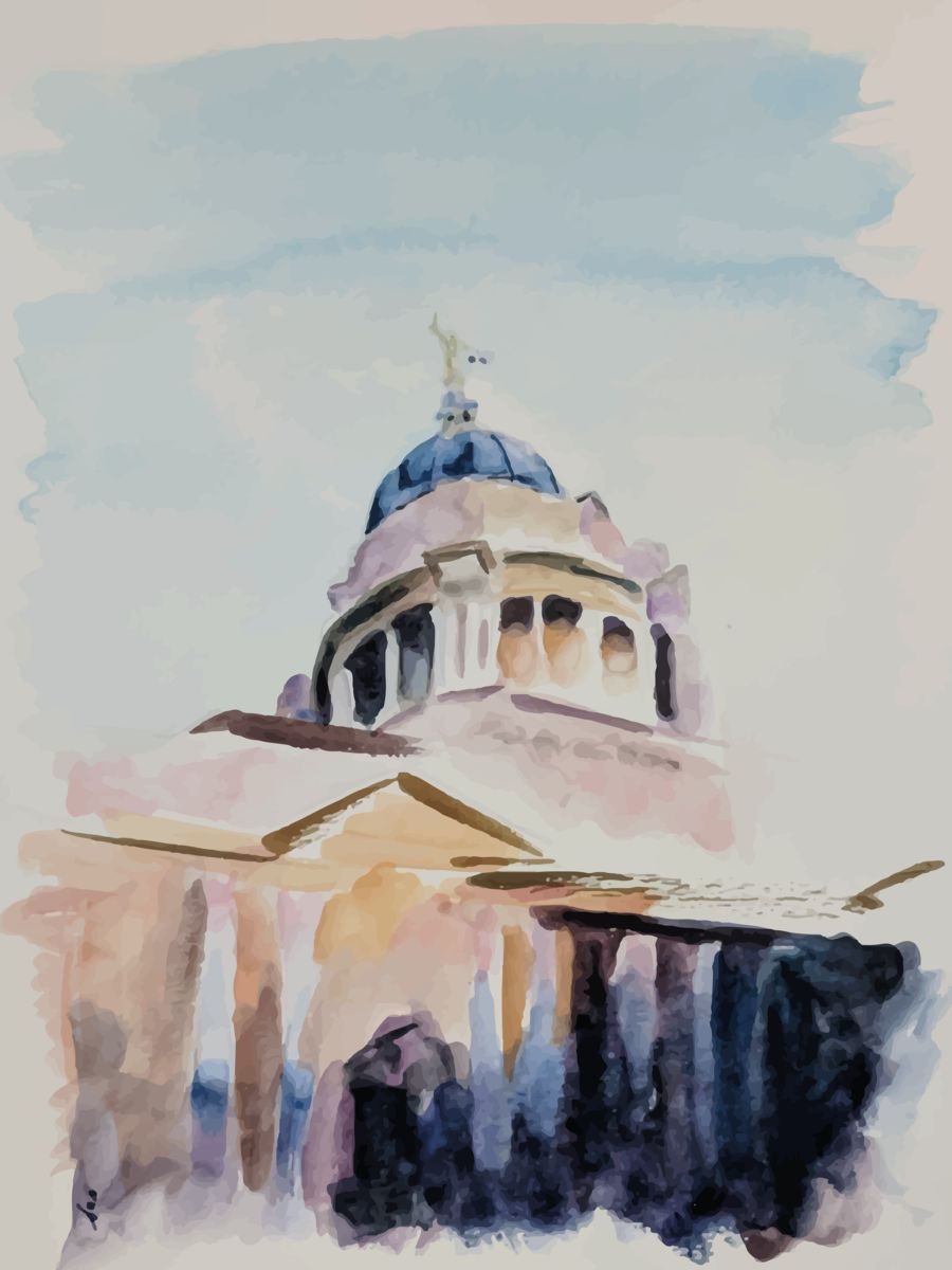 Loose watercolour giclée style painting of St Paul's Cathedral before the sun sets.  Titled St Paul's Before The Sun Sets. Large Art Prints available in 10x10, 20x20, 30x30 & 40x40 printed on archival bamboo paper